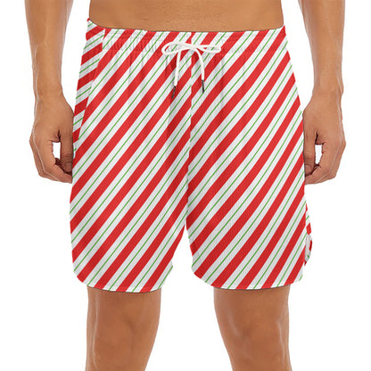 Christmas Candy Cane Stripe Print Men's Split Running Shorts