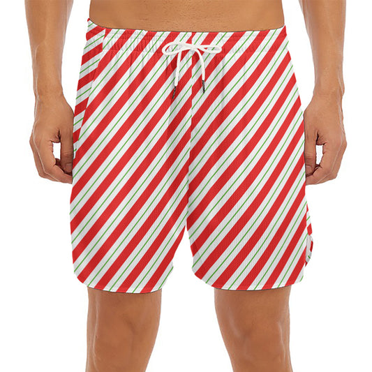 Christmas Candy Cane Stripe Print Men's Split Running Shorts