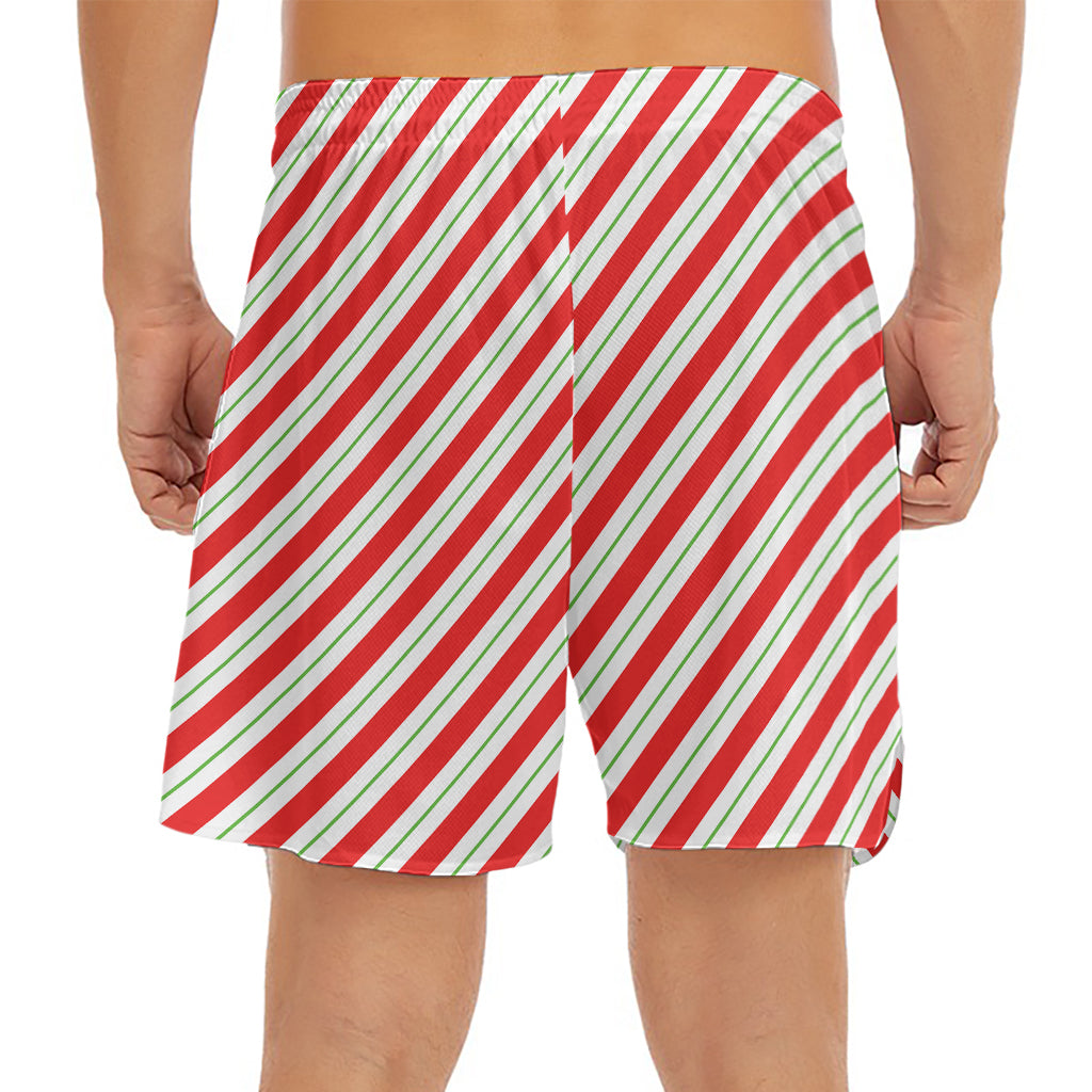 Christmas Candy Cane Stripe Print Men's Split Running Shorts
