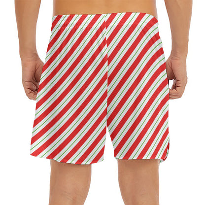 Christmas Candy Cane Stripe Print Men's Split Running Shorts