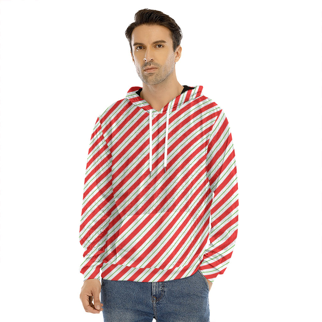 Christmas Candy Cane Stripe Print Men's Velvet Pullover Hoodie