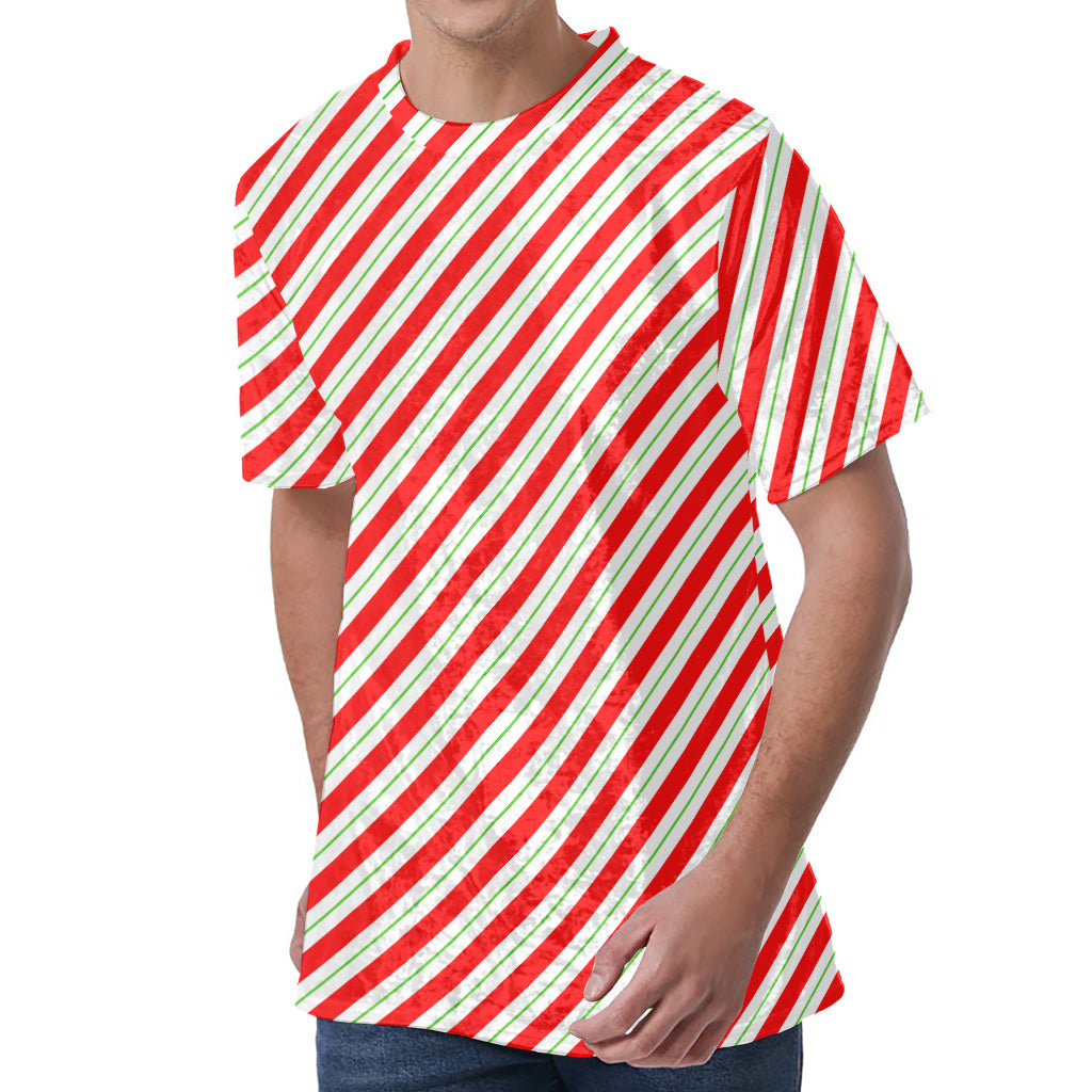 Christmas Candy Cane Stripe Print Men's Velvet T-Shirt