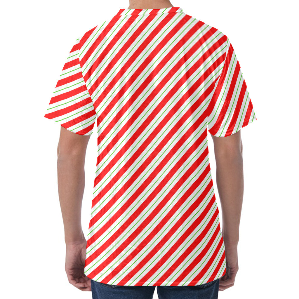 Christmas Candy Cane Stripe Print Men's Velvet T-Shirt