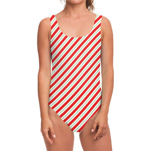 Christmas Candy Cane Stripe Print One Piece Swimsuit