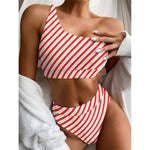 Christmas Candy Cane Stripe Print One Shoulder Bikini Top