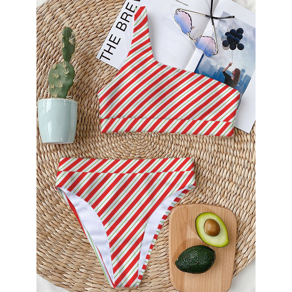 Christmas Candy Cane Stripe Print One Shoulder Bikini Top