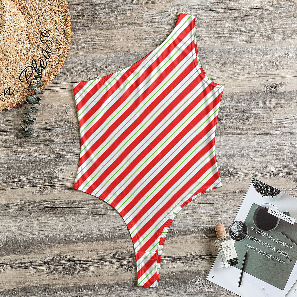 Christmas Candy Cane Stripe Print One Shoulder Bodysuit
