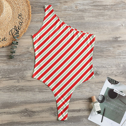 Christmas Candy Cane Stripe Print One Shoulder Bodysuit