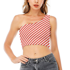 Christmas Candy Cane Stripe Print One Shoulder Crop Top