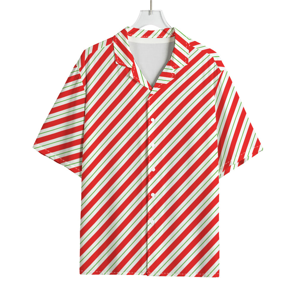 Christmas Candy Cane Stripe Print Rayon Hawaiian Shirt
