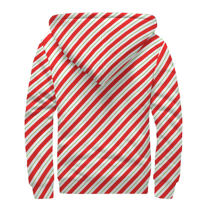 Christmas Candy Cane Stripe Print Sherpa Lined Zip Up Hoodie