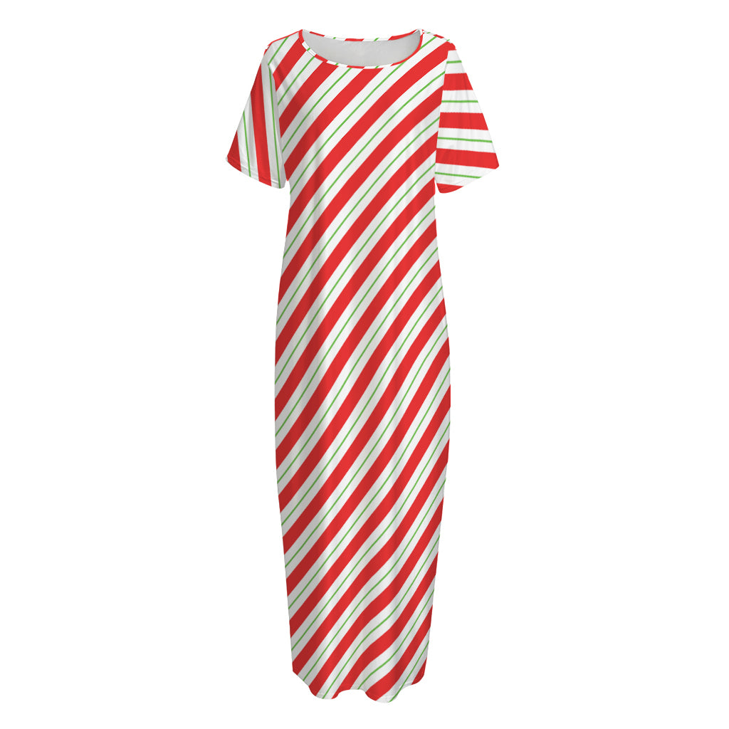 Christmas Candy Cane Stripe Print Short Sleeve Long Nightdress