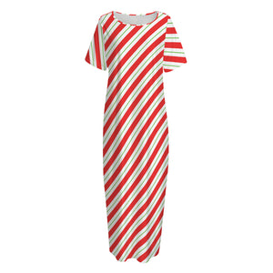 Christmas Candy Cane Stripe Print Short Sleeve Long Nightdress