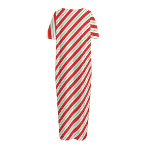 Christmas Candy Cane Stripe Print Short Sleeve Long Nightdress