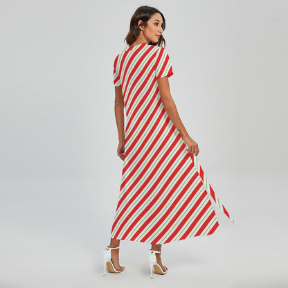 Christmas Candy Cane Stripe Print Short Sleeve Maxi Dress