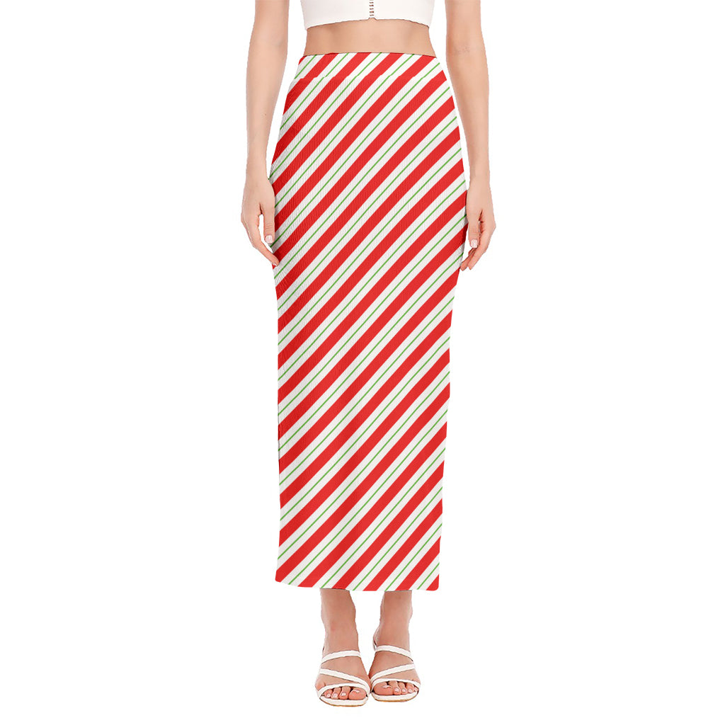 Christmas Candy Cane Stripe Print Side Slit Maxi Skirt