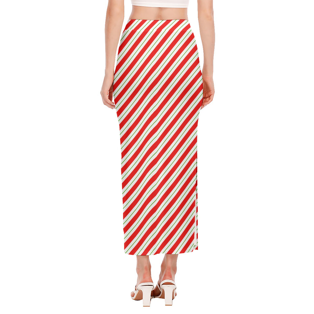 Christmas Candy Cane Stripe Print Side Slit Maxi Skirt