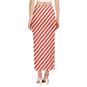 Christmas Candy Cane Stripe Print Side Slit Maxi Skirt