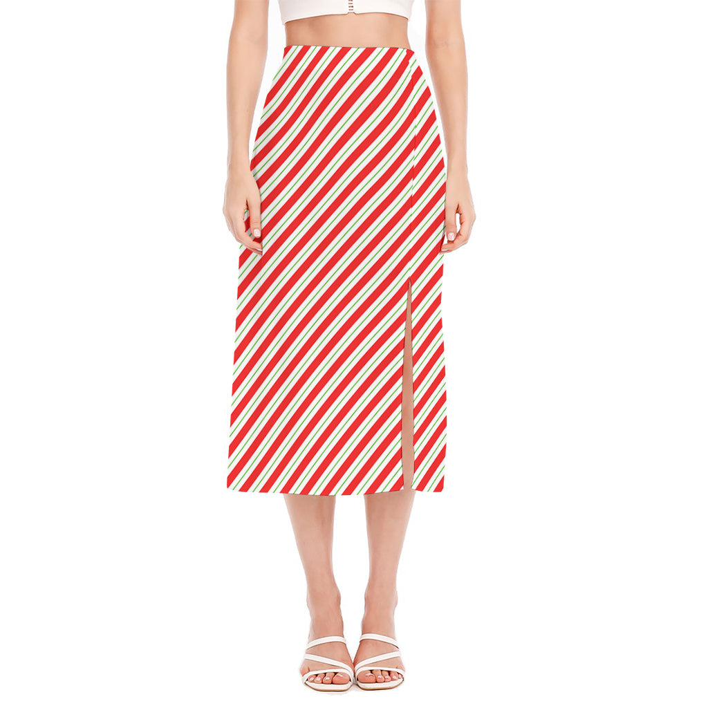 Christmas Candy Cane Stripe Print Side Slit Midi Skirt