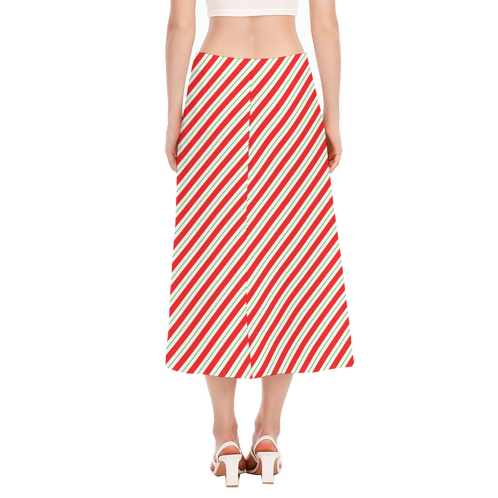 Christmas Candy Cane Stripe Print Side Slit Midi Skirt