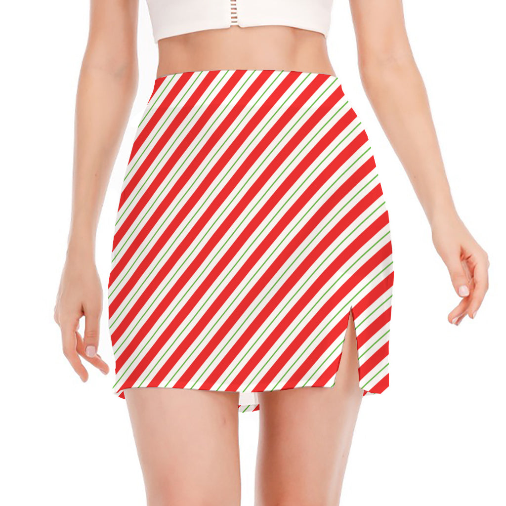 Christmas Candy Cane Stripe Print Side Slit Mini Skirt