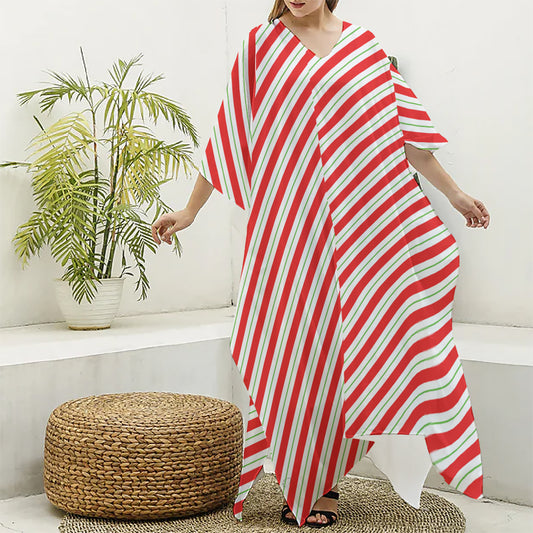 Christmas Candy Cane Stripe Print Silk V-Neck Kaftan Dress