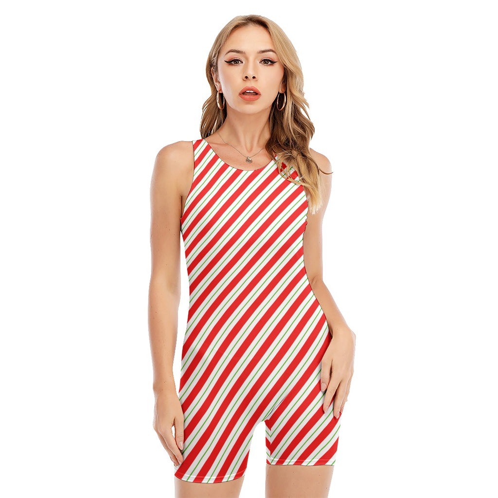 Christmas Candy Cane Stripe Print Sleeveless One Piece Swimsuit