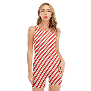 Christmas Candy Cane Stripe Print Sleeveless One Piece Swimsuit