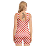 Christmas Candy Cane Stripe Print Sleeveless One Piece Swimsuit