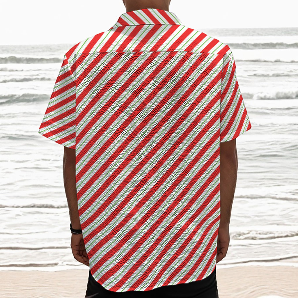 Christmas Candy Cane Stripe Print Textured Short Sleeve Shirt