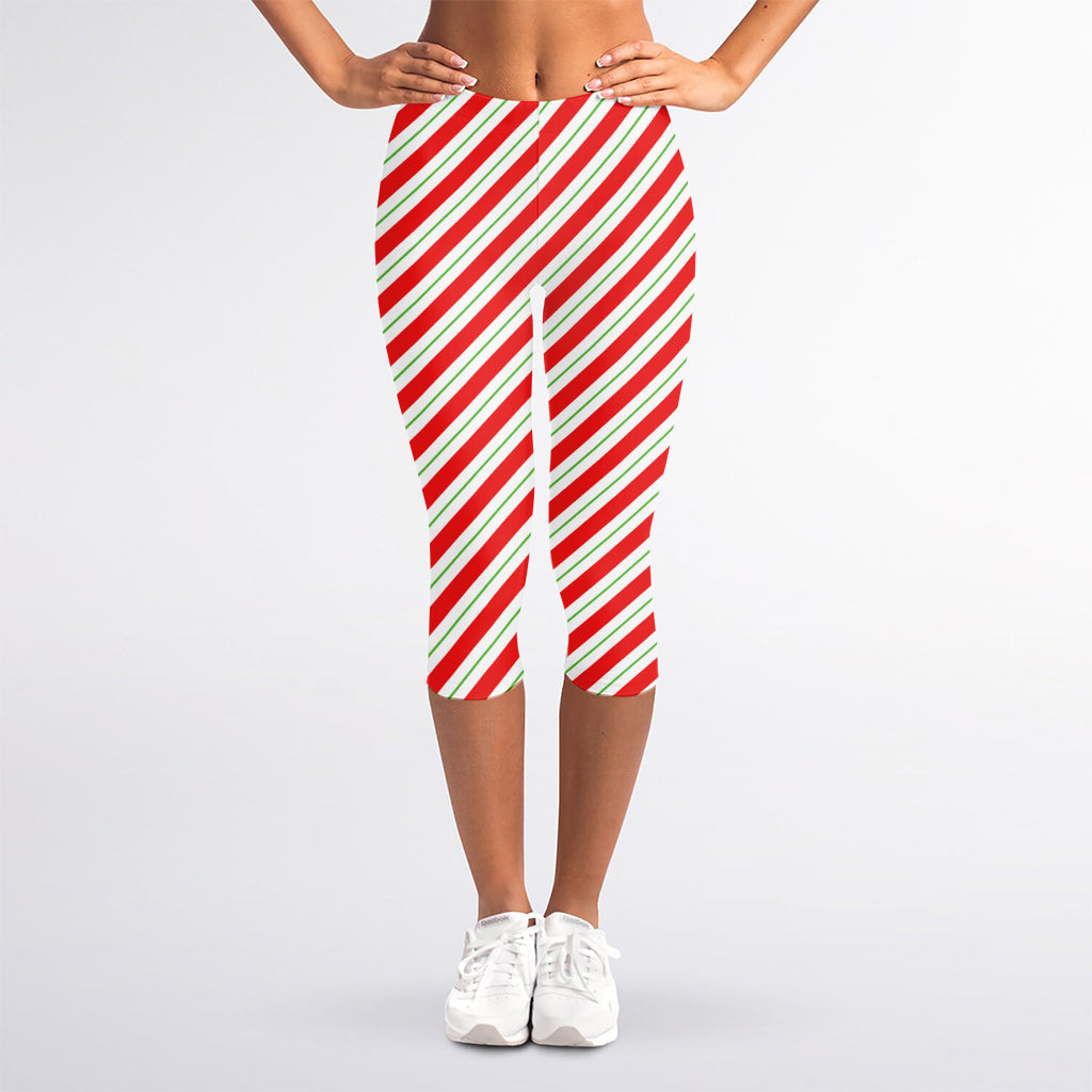 Christmas Candy Cane Stripe Print Women's Capri Leggings