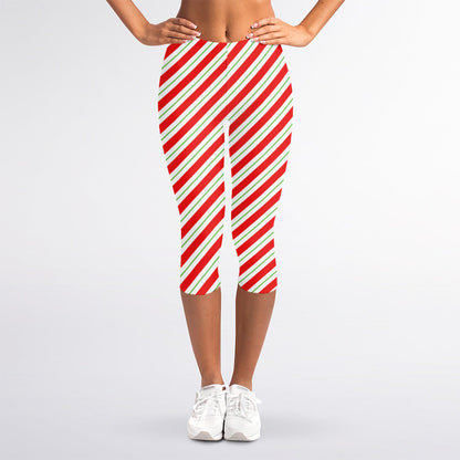 Christmas Candy Cane Stripe Print Women's Capri Leggings