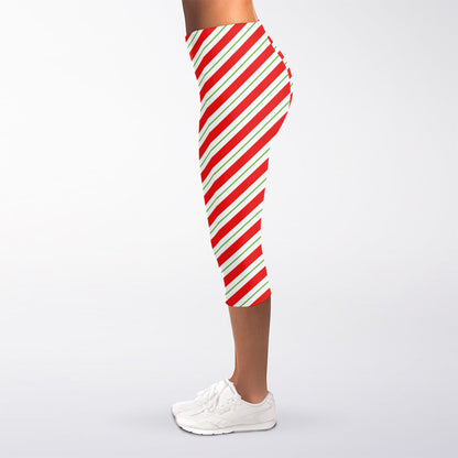 Christmas Candy Cane Stripe Print Women's Capri Leggings