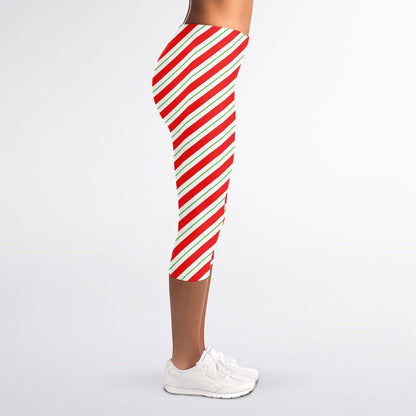 Christmas Candy Cane Stripe Print Women's Capri Leggings