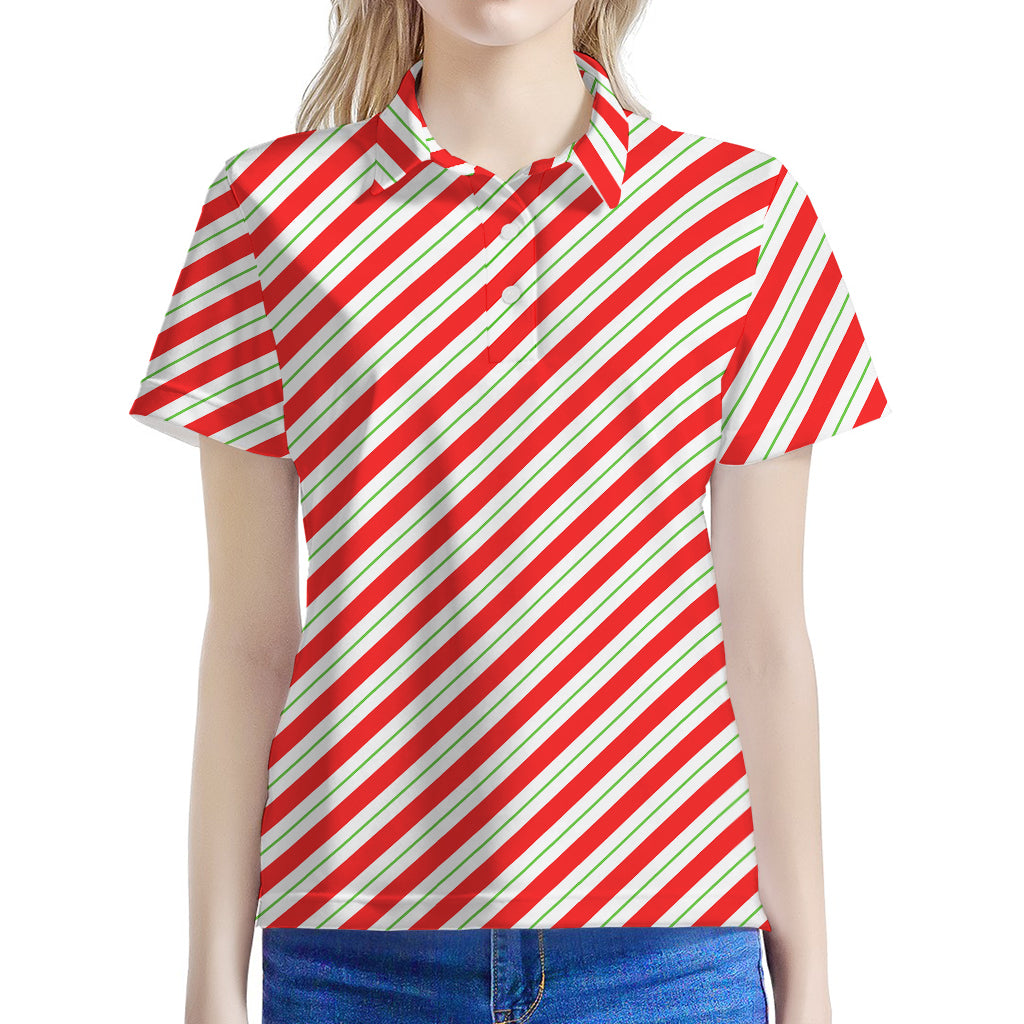Christmas Candy Cane Stripe Print Women's Polo Shirt