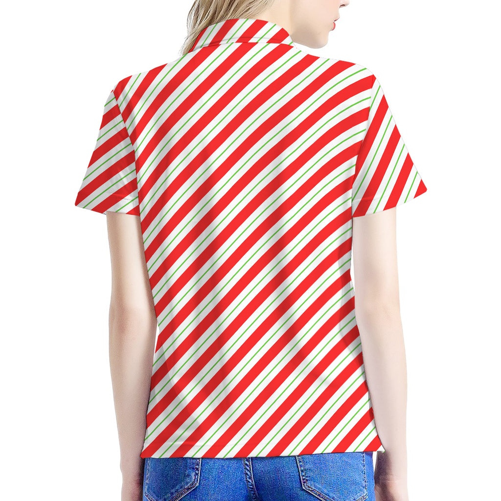 Christmas Candy Cane Stripe Print Women's Polo Shirt