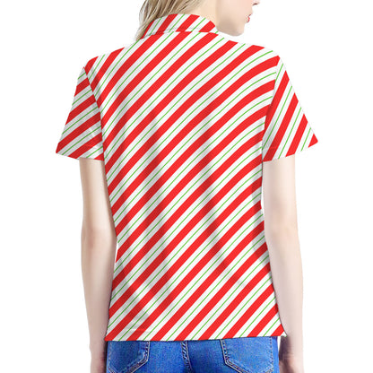 Christmas Candy Cane Stripe Print Women's Polo Shirt