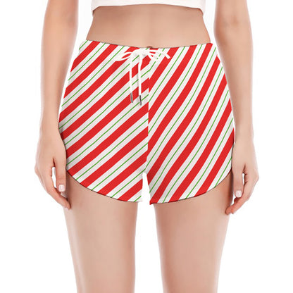 Christmas Candy Cane Stripe Print Women's Split Running Shorts