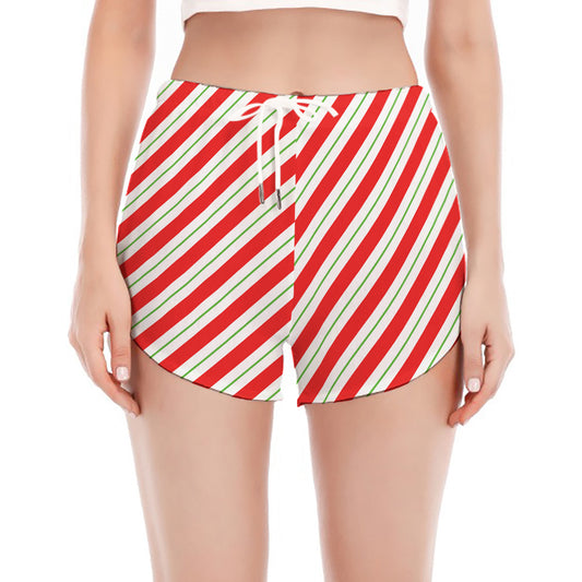 Christmas Candy Cane Stripe Print Women's Split Running Shorts