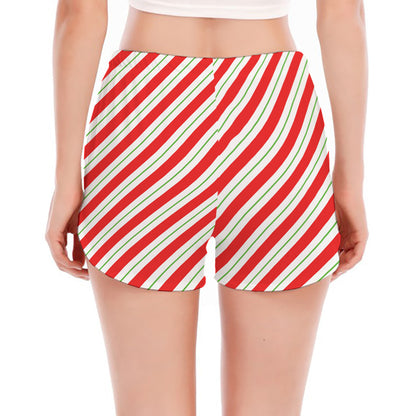 Christmas Candy Cane Stripe Print Women's Split Running Shorts