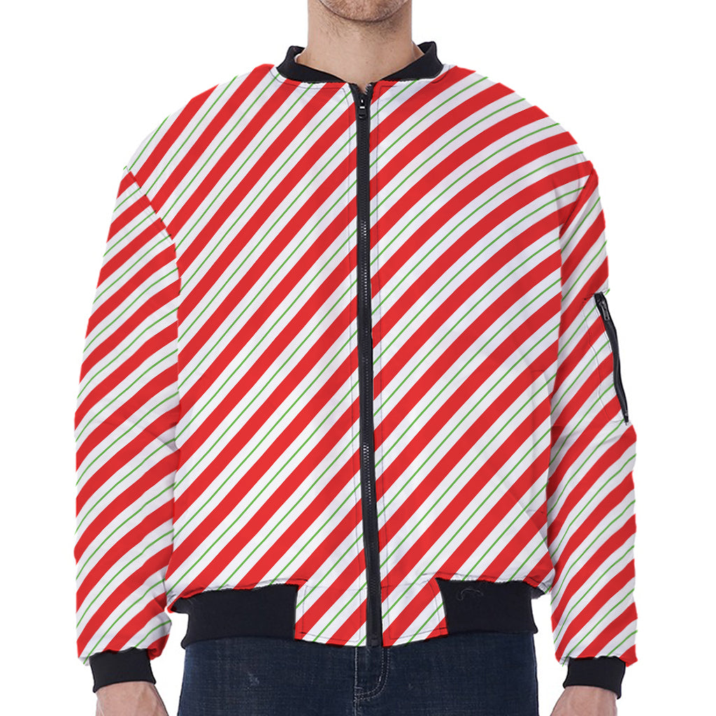 Christmas Candy Cane Stripe Print Zip Sleeve Bomber Jacket