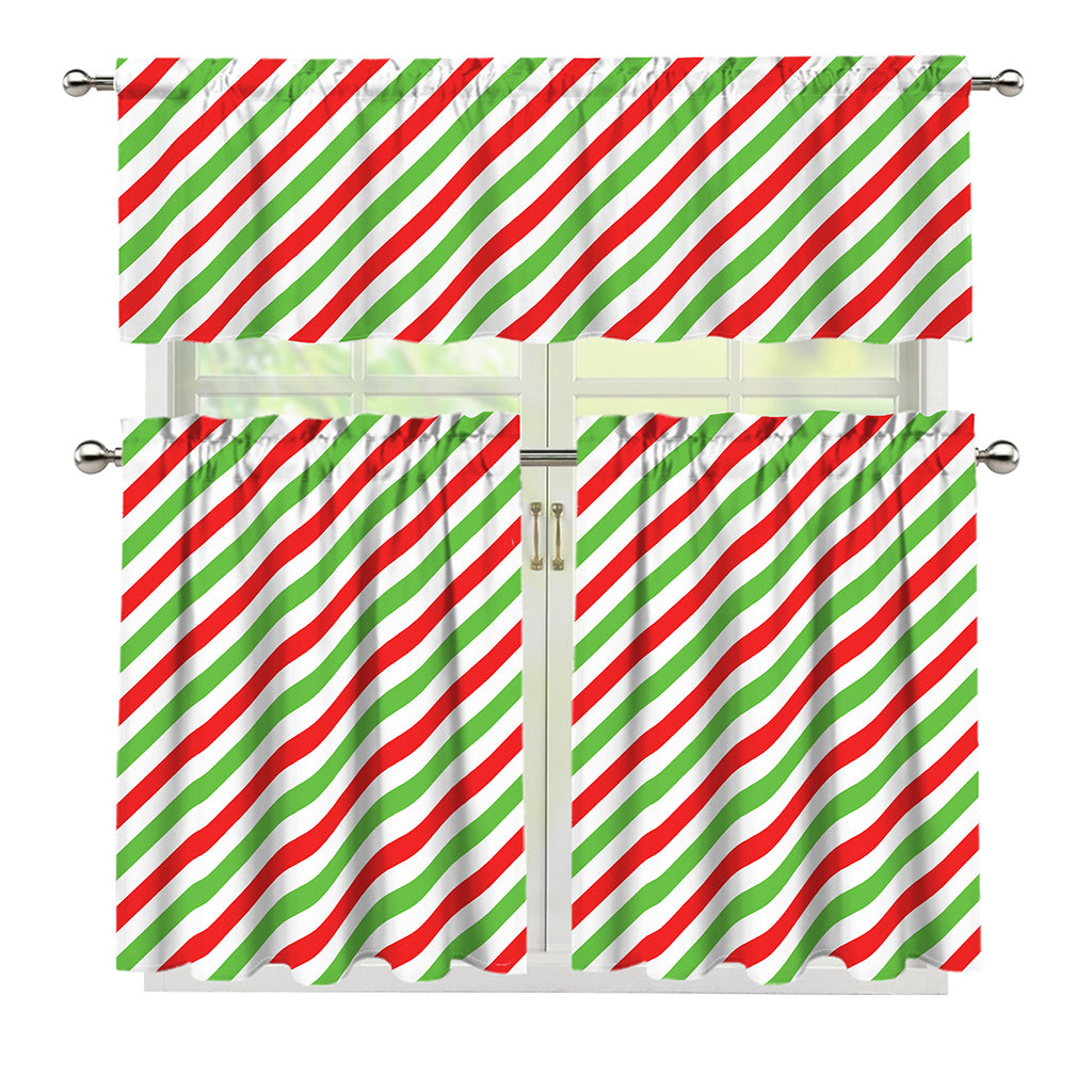 Christmas Candy Cane Striped Print 3 Piece Kitchen Curtains