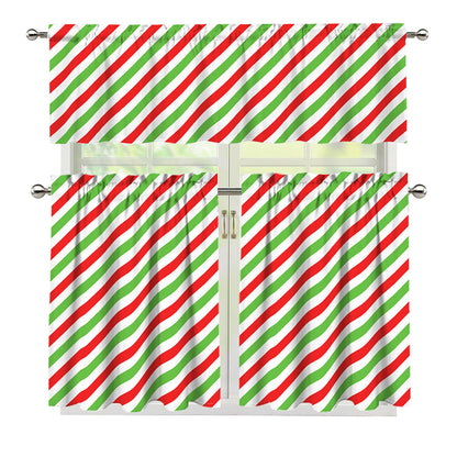Christmas Candy Cane Striped Print 3 Piece Kitchen Curtains