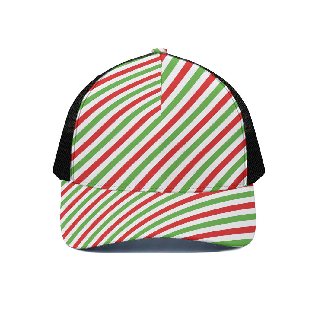 Christmas Candy Cane Striped Print Black Mesh Trucker Cap