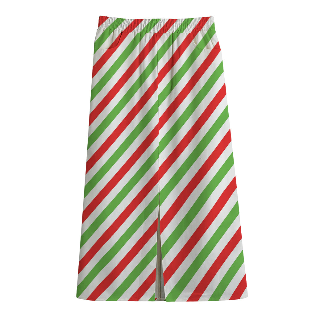 Christmas Candy Cane Striped Print Cotton Front Slit Maxi Skirt