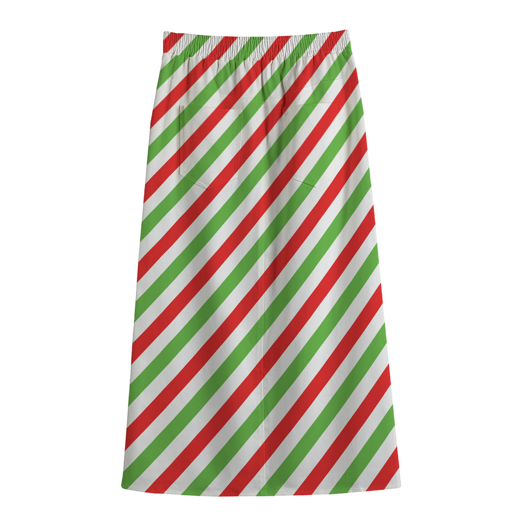 Christmas Candy Cane Striped Print Cotton Front Slit Maxi Skirt