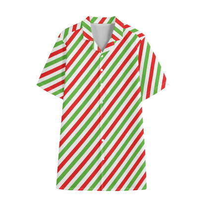 Christmas Candy Cane Striped Print Cotton Hawaiian Shirt