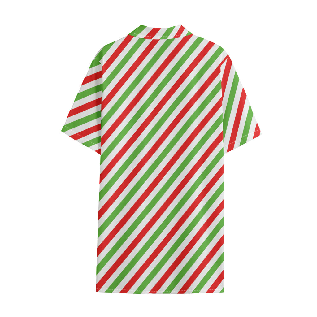 Christmas Candy Cane Striped Print Cotton Hawaiian Shirt