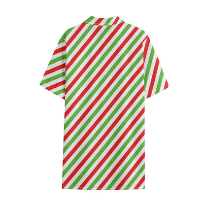 Christmas Candy Cane Striped Print Cotton Hawaiian Shirt