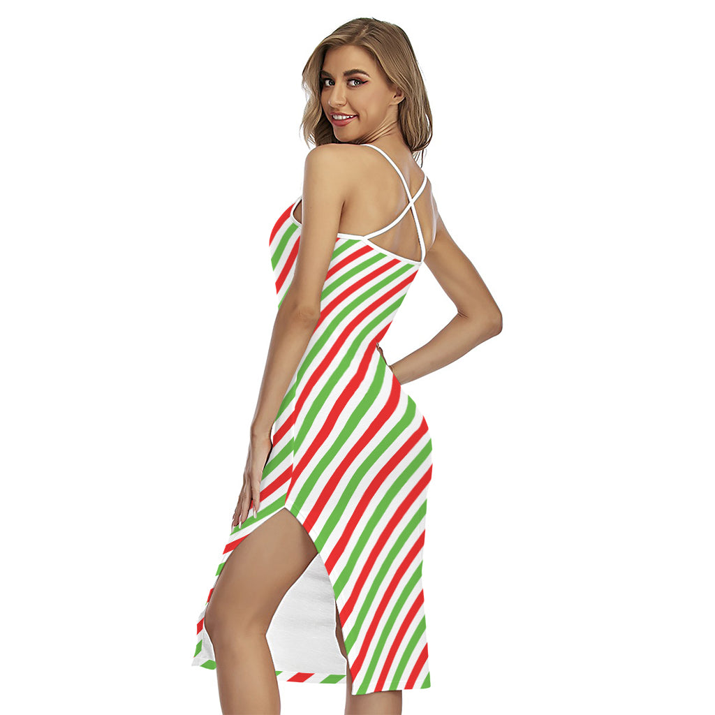 Christmas Candy Cane Striped Print Cross Back Cami Dress